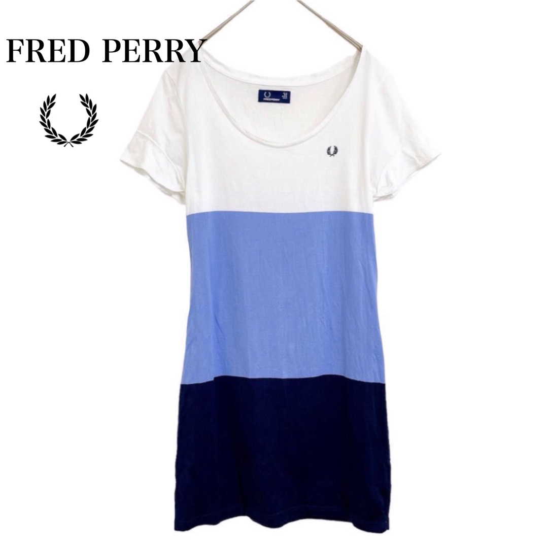 FRED PERRY(フレッドペリー)のFRED PERRY  刺繍ロゴ 白 ネイビー 太ボーダー ロング丈  Tシャツ レディースのトップス(Tシャツ(半袖/袖なし))の商品写真