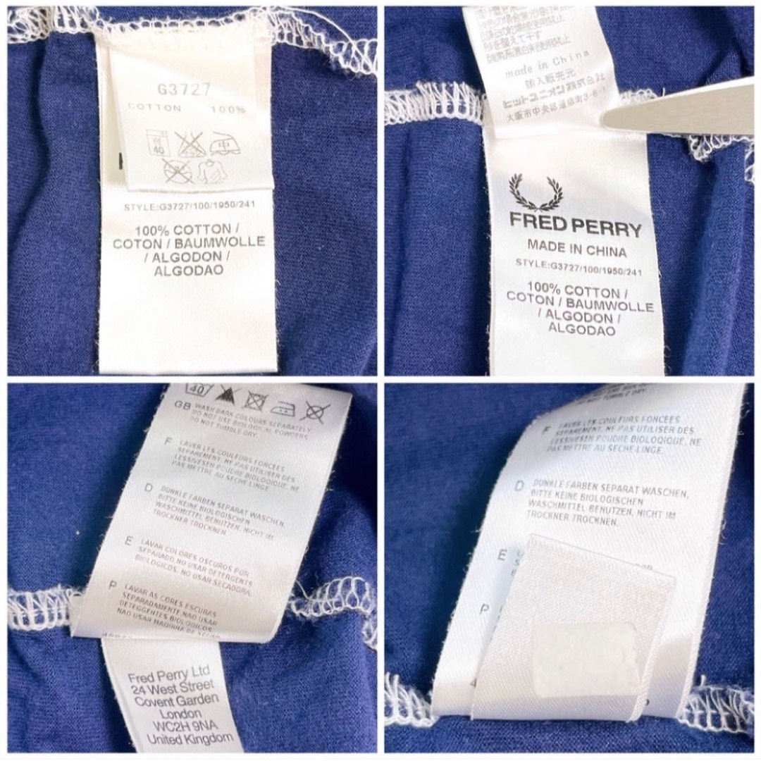 FRED PERRY(フレッドペリー)のFRED PERRY  刺繍ロゴ 白 ネイビー 太ボーダー ロング丈  Tシャツ レディースのトップス(Tシャツ(半袖/袖なし))の商品写真