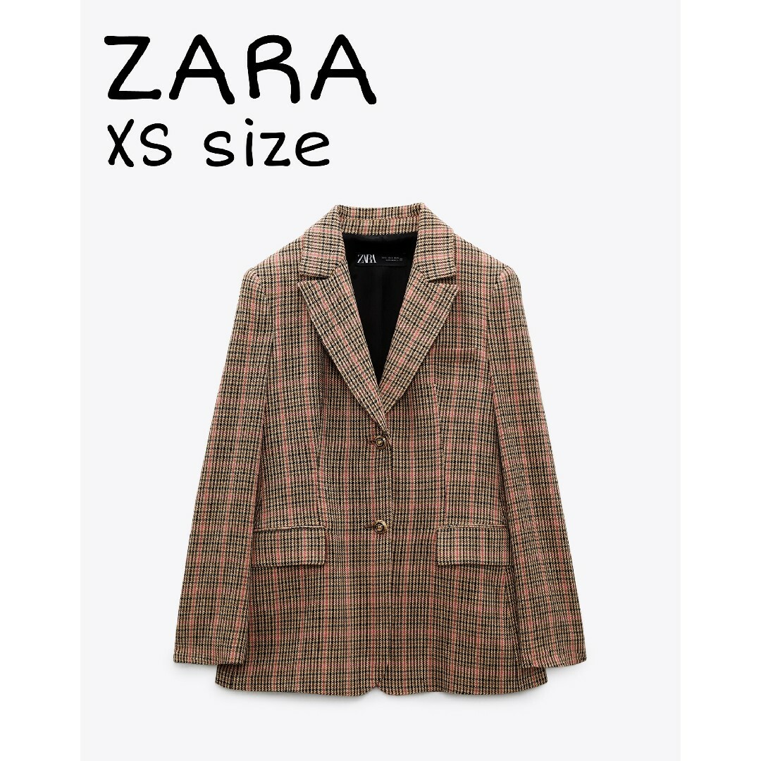 ZARA(ザラ)のZARA　チェック柄テーラードブレザー　XSサイズ　ゴールデンブラウン レディースのジャケット/アウター(テーラードジャケット)の商品写真