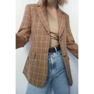 ザラ(ZARA)のZARA　チェック柄テーラードブレザー　XSサイズ　ゴールデンブラウン(テーラードジャケット)