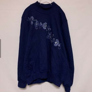 スウェット トレーナー モックネック 長袖 刺繍 花柄 ラインストーン 水色 紺(トレーナー/スウェット)