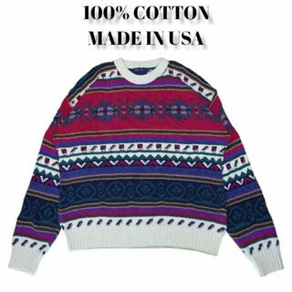 良デザイン　総柄 ニットセーター　古着　USA製　COTTON100%(ニット/セーター)