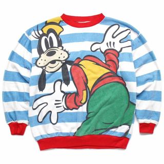 90s Mickey グーフィー 太ボーダー スウェット ボロ 水色×白×赤★オールド ビンテージ 大判 Disneyディズニー ミッキー ダメージ(トレーナー/スウェット)