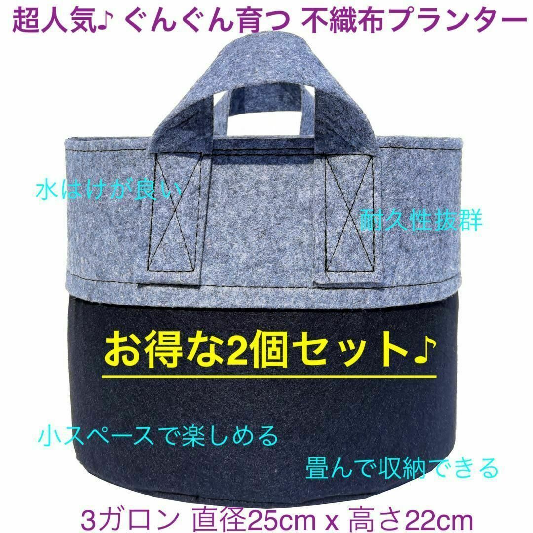 不織布プランター 3ガロン 植木鉢 9号 グレー+ブラック x 2個 ハンドメイドのフラワー/ガーデン(プランター)の商品写真