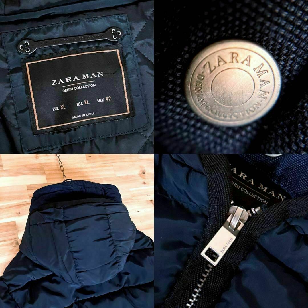 ZARA(ザラ)の【ザラマン】デニム キルティング ダウンジャケット フード XL 紺ネイビー×銀 メンズのジャケット/アウター(ダウンジャケット)の商品写真