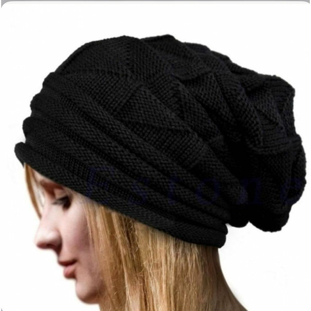 ニット帽 　ブラック　黒　ボリュームニット カジュアル  ユニセックス　 レディースの帽子(ニット帽/ビーニー)の商品写真