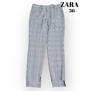 ザラ(ZARA)の極美品　ZARA チェックパンツ　デザイン裾　センタープレス　スリット(クロップドパンツ)