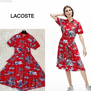 ラコステ(LACOSTE)の美品☆ラコステ トロピカルテキスタイル 鹿の子地 シャツワンピース ベルト付(ロングワンピース/マキシワンピース)