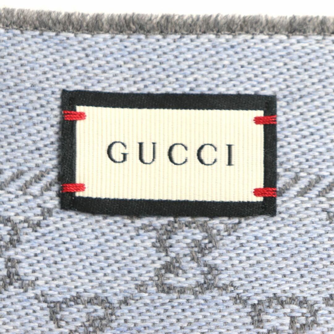 Gucci(グッチ)の極美品▼GUCCI グッチ 411115 GG柄 フリンジ付き 薄手 ウール100% マフラー/ストール グレー×ライトブルー イタリア製 メンズ 正規品 メンズのファッション小物(マフラー)の商品写真