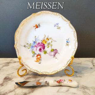 マイセン(MEISSEN)の美品★マイセン ブレッドプレート ローズ 金彩 小花 ハンドペイント ナイフ付き(食器)