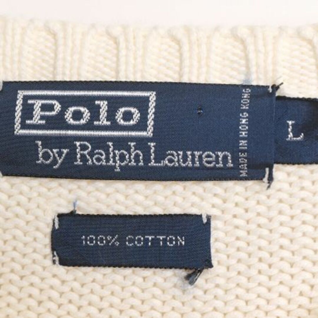 Ralph Lauren(ラルフローレン)の90s ポロ ラルフローレン コットン ニット セーター メンズ L / 90年代 オールド POLO ポニー刺繍 ワンポイント クルーネック ナチュラル メンズのトップス(ニット/セーター)の商品写真