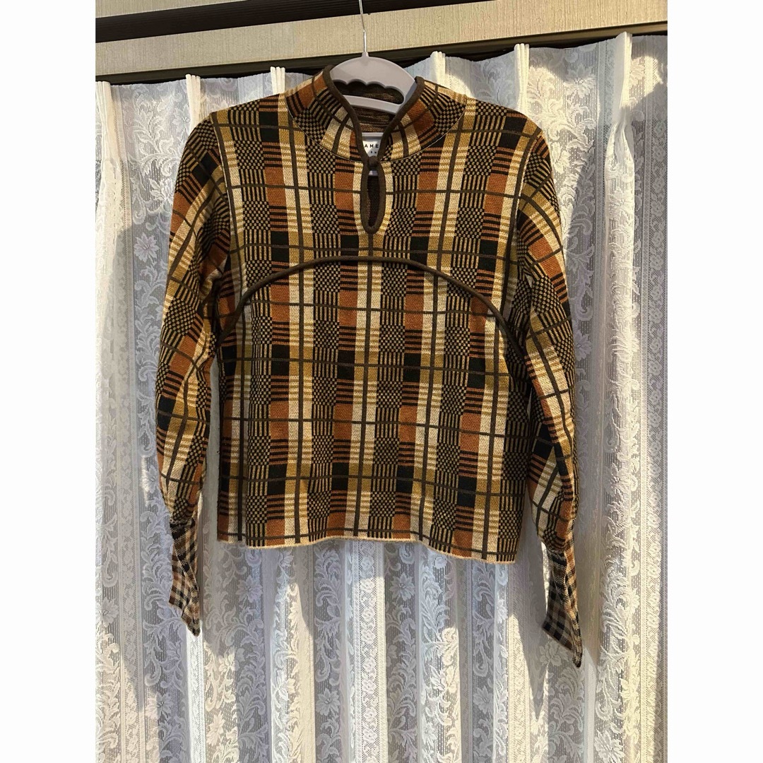 SWITCHING CHECK KNIT TOP ブラウン