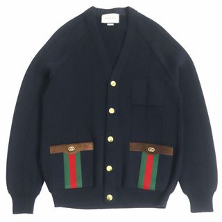 グッチ(Gucci)の美品□21AW GUCCI/グッチ626349  ウェブ付き インターロッキングG ウールブレンドニットカーディガン/セーター ネイビー XS 伊製 正規品(カーディガン)