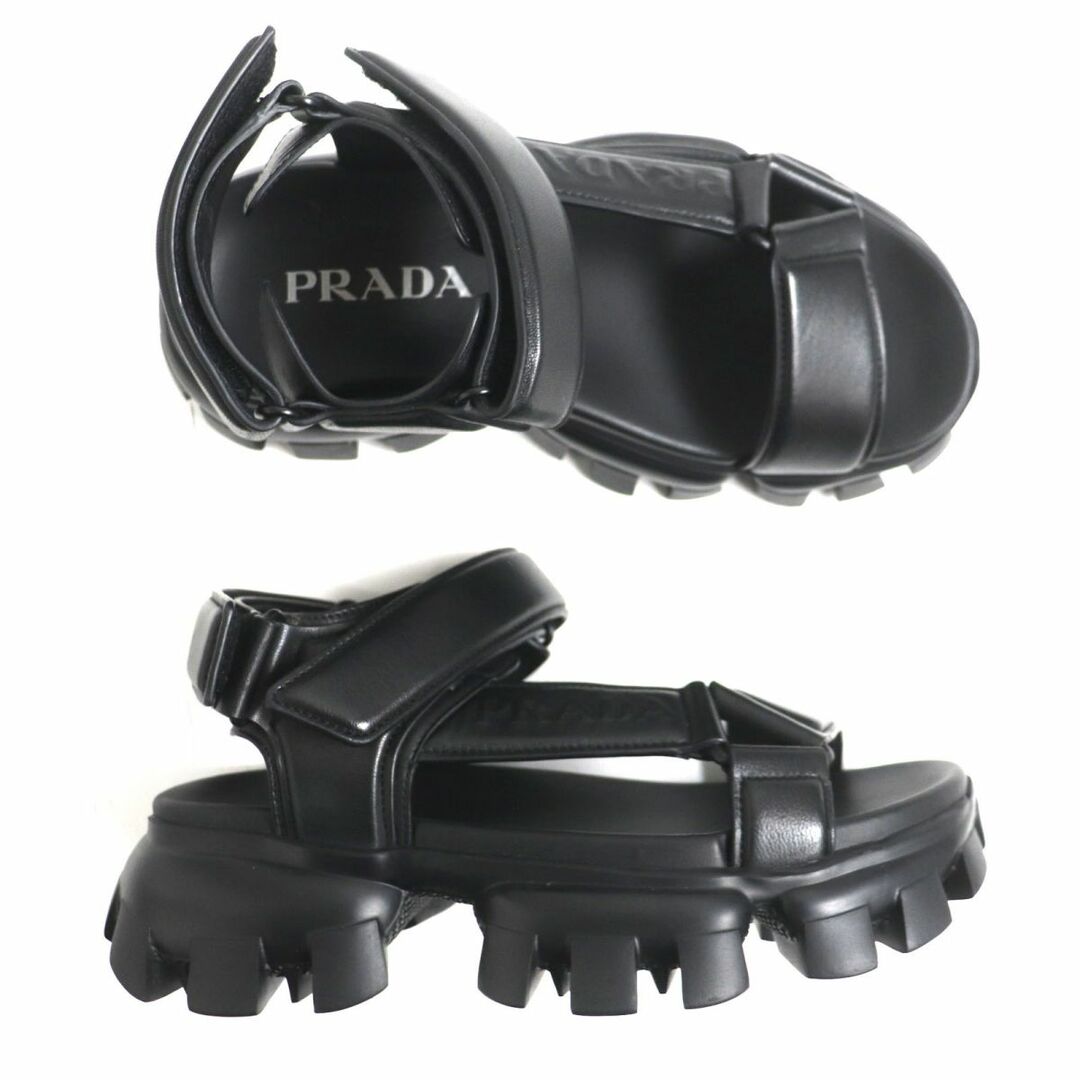 PRADA(プラダ)の極美品▼PRADA プラダ エンボスロゴ入り パデッドナッパ レザースポーツサンダル ブラック 5 1/2(24.5～25cm位) メンズ イタリア製 メンズの靴/シューズ(サンダル)の商品写真