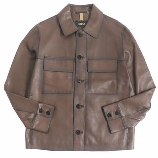 極美品□BOSS ヒューゴボス ナッパレザー レギュラーフィット ハンドワックス ロゴボタン ラムレザージャケット ブラウン 44 正規品 メンズ