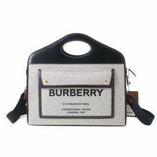 バーバリー(BURBERRY)の未使用◎正規品 伊製 BURBERRY バーバリー 8036785 ミディアム ポケット 2WAY トートバッグ キャンバス×レザー ブラック×ブラック 袋付き(トートバッグ)