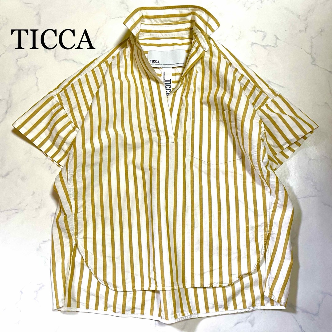 TICCA(ティッカ)の美品♪ティッカ TICCA スクエアビック 半袖シャツ リネン混 白×黄 レディースのトップス(シャツ/ブラウス(半袖/袖なし))の商品写真