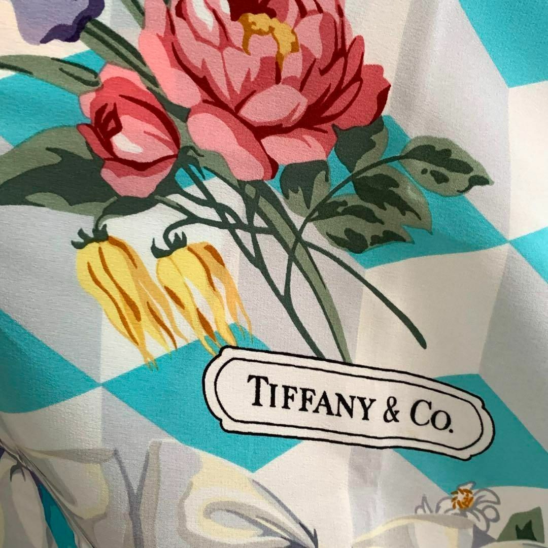 Tiffany & Co.(ティファニー)のティファニー TIFFANY シルク スカーフ ブルー 花柄 リボン レディースのファッション小物(バンダナ/スカーフ)の商品写真