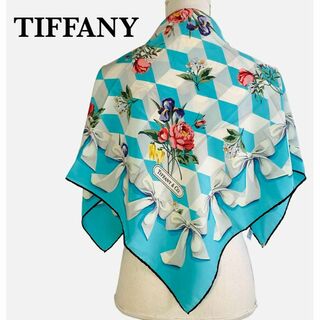 ティファニー(Tiffany & Co.)のティファニー TIFFANY シルク スカーフ ブルー 花柄 リボン(バンダナ/スカーフ)