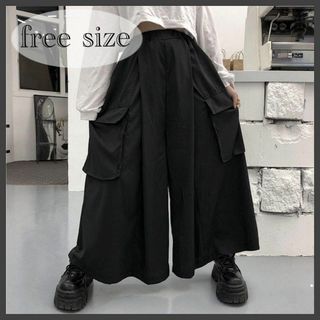 袴パンツ 黒 フリー 袴風 ワイドパンツ ダボパン メンズライク モード系(カジュアルパンツ)