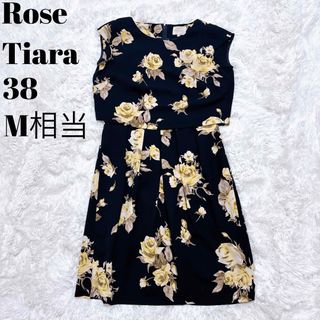 ローズティアラ(Rose Tiara)のローズティアラ ワンピース ネイビー 花柄 バラ ノースリーブ M 38(ひざ丈ワンピース)