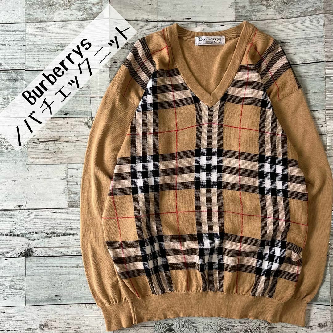 BURBERRY(バーバリー)のBurberrysバーバリーノバチェックVネックニットベージュ古着q1 レディースのトップス(ニット/セーター)の商品写真