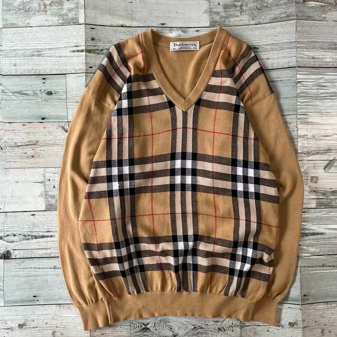 BURBERRY(バーバリー)のBurberrysバーバリーノバチェックVネックニットベージュ古着q1 レディースのトップス(ニット/セーター)の商品写真