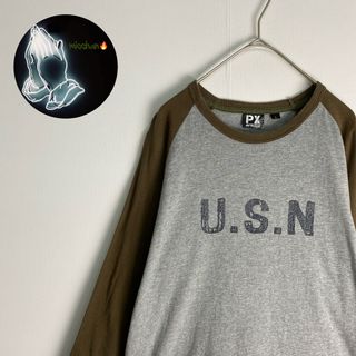 アヴィレックス(AVIREX)の【アヴィレックス　ラグランTシャツ　バックプリント　バイカラー　グレー　古着】(Tシャツ/カットソー(七分/長袖))