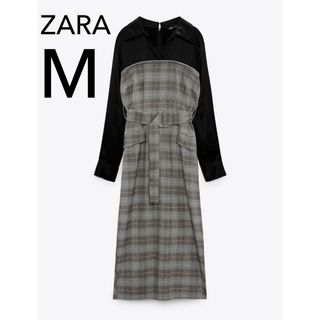 ザラ(ZARA)のZARA チェック柄 コントラスト ベルト付き　ワンピース 新品(ロングワンピース/マキシワンピース)