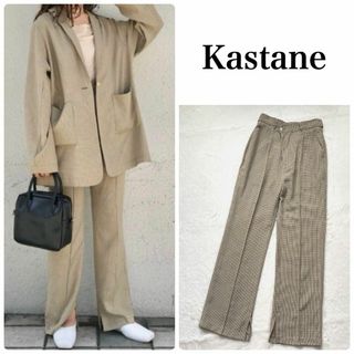 カスタネ(Kastane)のカスタネ チェックアレンジタックパンツ タックパンツ　スリット　ブラウン　M(カジュアルパンツ)