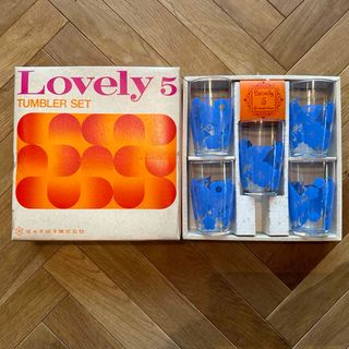 トウヨウササキガラス(東洋佐々木ガラス)の昭和レトログラス　花柄　佐々木硝子　未使用品　Lovely5　5セット　ブルー(グラス/カップ)