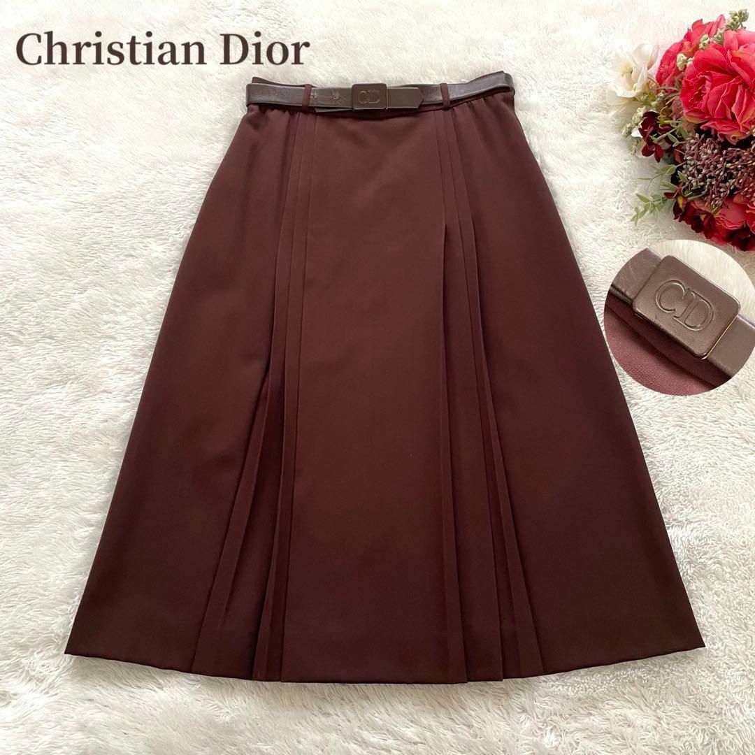 Christian Dior(クリスチャンディオール)のスカート美品✨Christian Dior スカート　ブラウン　ロゴ　毛　キュプ レディースのスカート(ひざ丈スカート)の商品写真