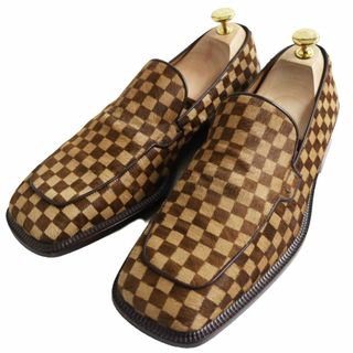 ルイヴィトン(LOUIS VUITTON)の【ドンドン見直し】美品●LOUIS VUITTON ルイヴィトン ハラコレザー ダミエ スクエアトゥ ローファー ブラウン 7 イタリア製 メンズ(その他)