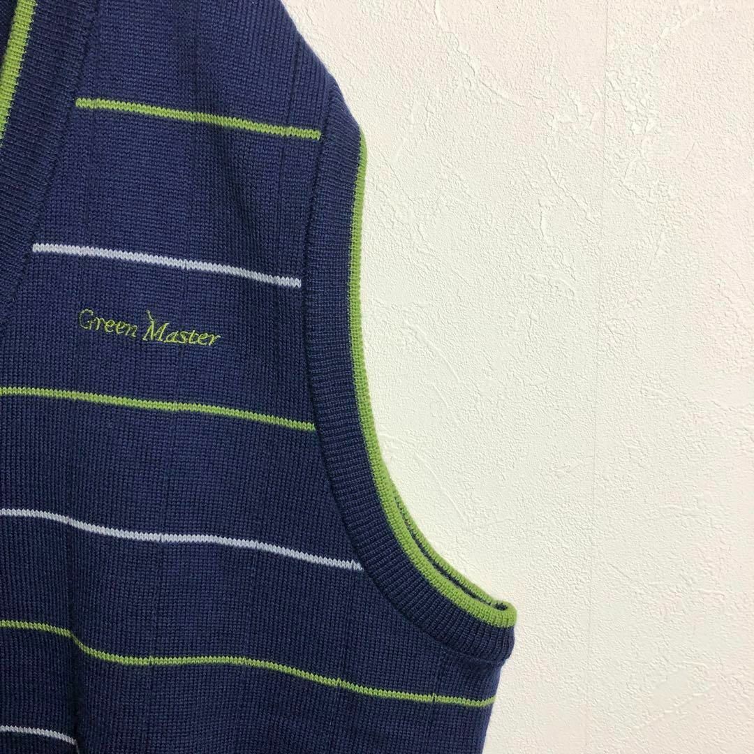 ニット ベスト ウール 襟カラー ボーダー 紺 緑 グレー レトロ 古着 刺繍 メンズのトップス(ベスト)の商品写真