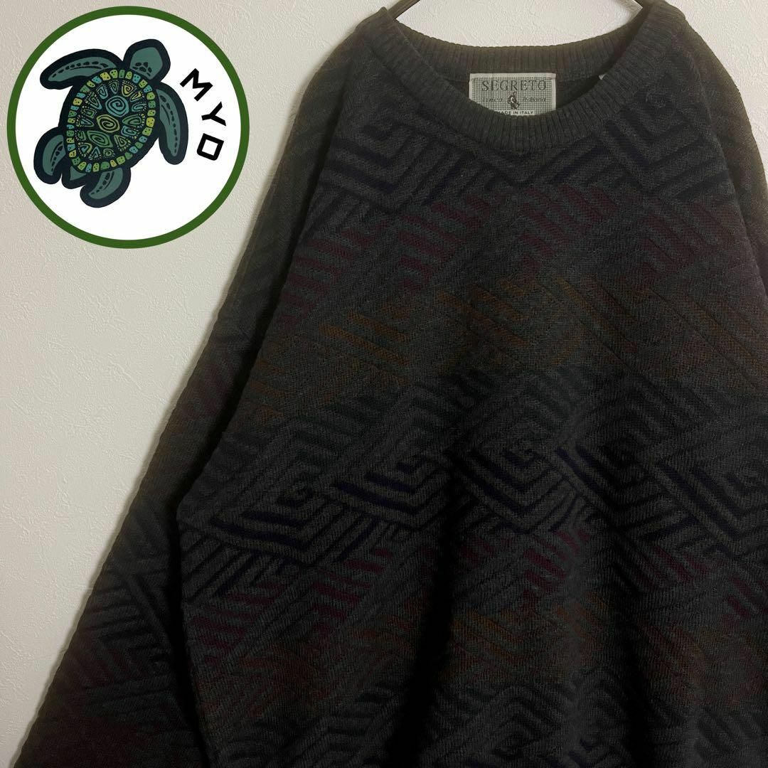 総柄 ウール ニット セーター イタリア 製 太アーム ダークカラー 古着 メンズのトップス(ニット/セーター)の商品写真