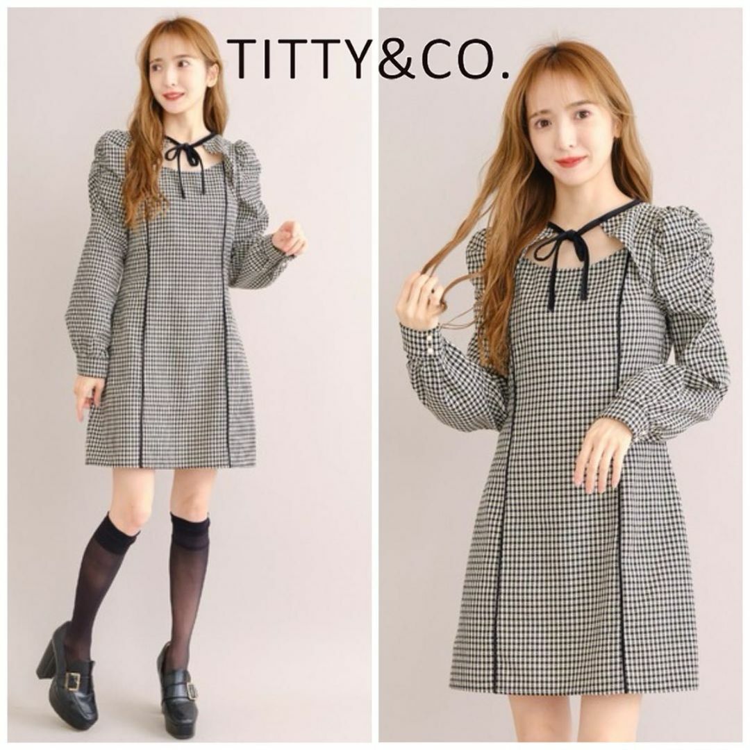 titty&co(ティティアンドコー)の【美品】TITTY&CO. ボリュームスリーブ チェックツイードミニワンピース レディースのワンピース(ひざ丈ワンピース)の商品写真