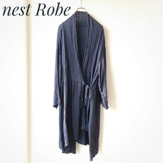 ネストローブ(nest Robe)のネストローブ　リネンロングカーディガン　切り返しギャザー　紺　伸縮性あり(カーディガン)