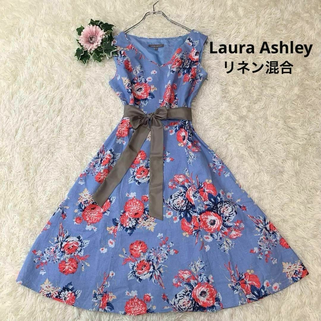 LAURA ASHLEY - 943.ローラアシュレイ：L ロングワンピース リネン混合