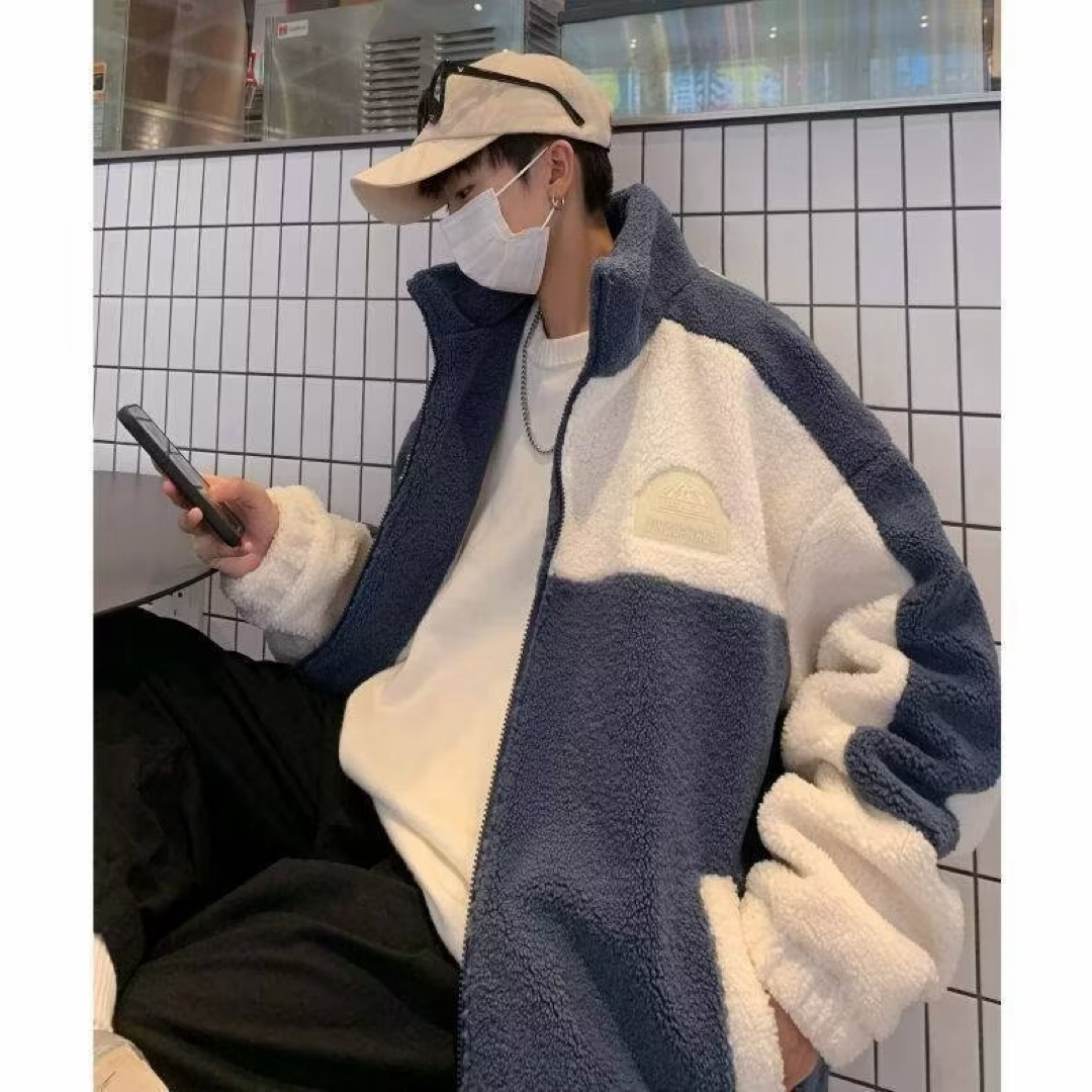 ブルゾン ボア ジャケット コート ロゴ もこもこ 韓国 ベージュネイビー メンズのジャケット/アウター(ブルゾン)の商品写真