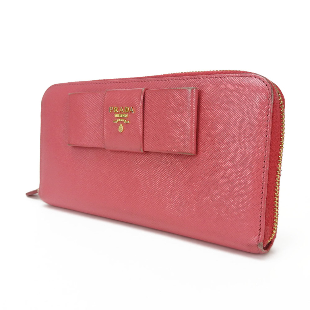 PRADA(プラダ)の【中古】 プラダ 長財布 サフィアーノ ピンク PEONIA ゴールド金具 ラウンドファスナー リボン レディース 女性 PRADA レディースのファッション小物(財布)の商品写真