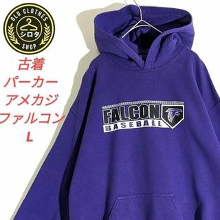 古着 パーカー アメカジ プリント ファルコン ベースボール 青 紫 希少(パーカー)