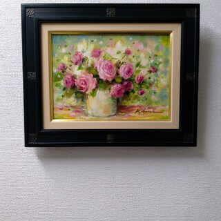 肉質油絵　横　F4　バラの花と花瓶　青木今陽　額装仕上げ品(絵画/タペストリー)