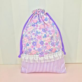 ハンドメイド ●巾着●シューズ袋●上履き袋●お花リボン×ラベンダーストライプ(シューズバッグ)