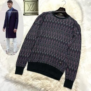 ルイヴィトン(LOUIS VUITTON)の本物 極美品 ルイヴィトン LVレザーパッチ アートデザイン セーター L 黒 (ニット/セーター)