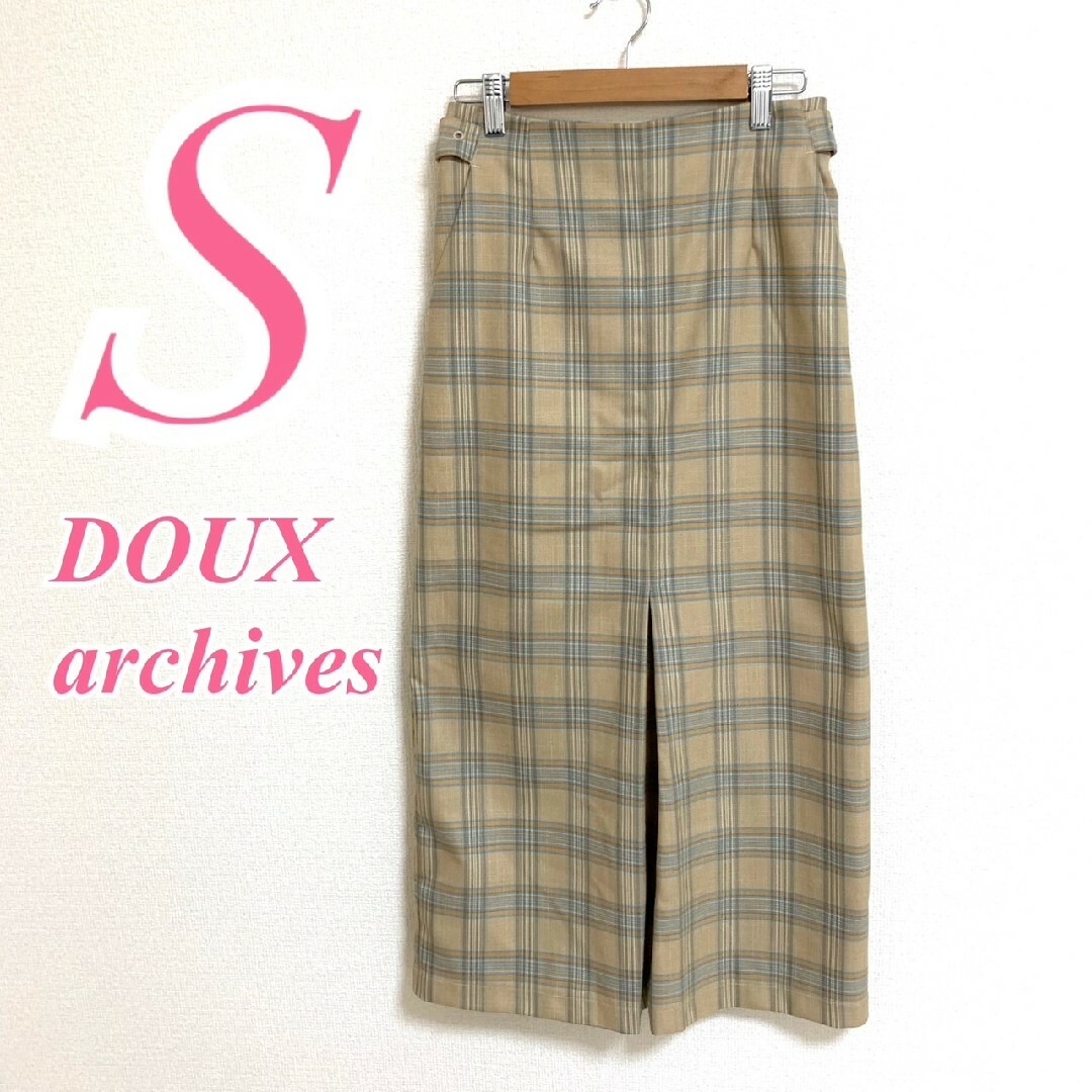 Doux archives(ドゥアルシーヴ)のドゥアルシーヴ　タイトスカート　S　ベージュ　ブルー　チェック　きれいめ　ポリ レディースのスカート(ロングスカート)の商品写真