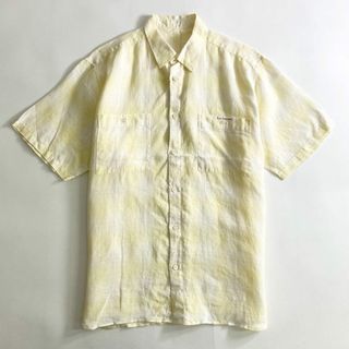 22b25-3 Papas パパス 日本製 リネン 半袖シャツ L イエロー LINEN  SHIRT  ショートスリーブ  ワンポイントロゴ チェック柄 MADE IN JAPAN(シャツ)