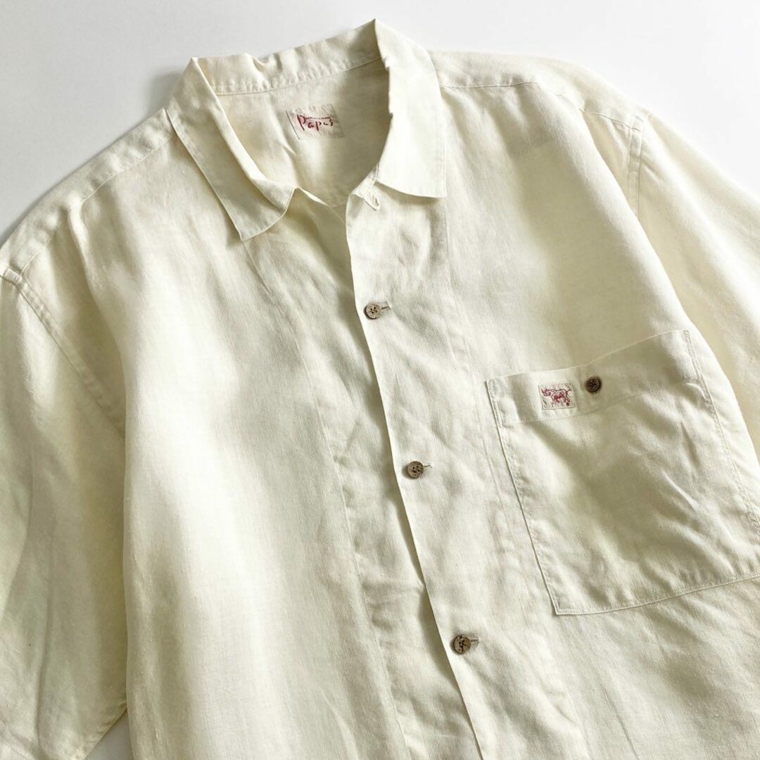 22b25-4 Papas パパス 日本製 リネン 半袖シャツ L ベージュ LINEN SHIRT ショートスリーブ ワンポイントロゴ オープンカラー 開襟 MADE IN JAPAN メンズのトップス(シャツ)の商品写真