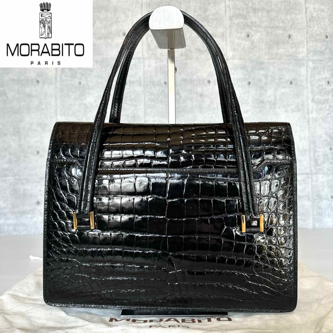美品】MORABITO BLACK クロコダイル ゴールド金具 ハンドバッグ 美品】MORABITO BLACK クロコダイル ゴールド金具 ハンドバッグ
