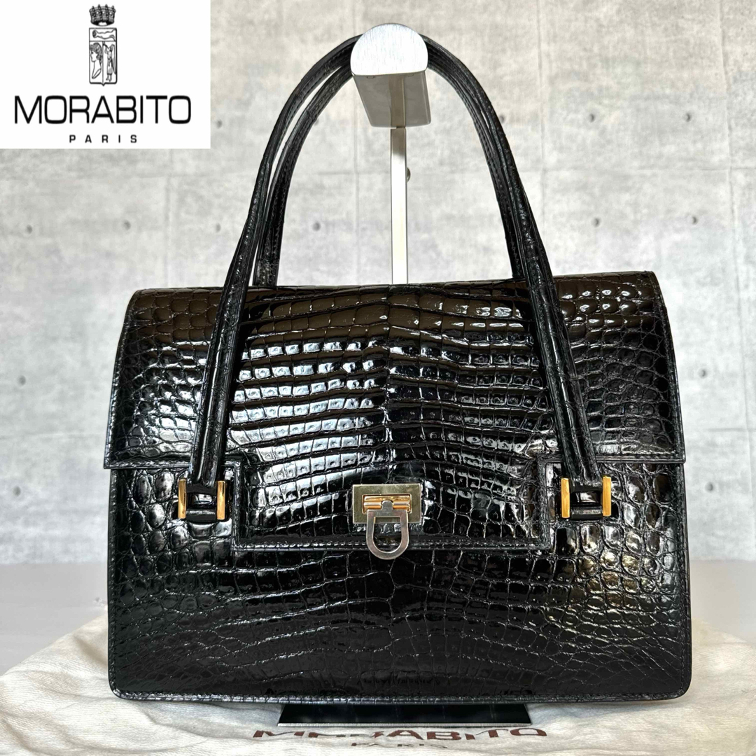 美品】MORABITO BLACK クロコダイル ゴールド金具 ハンドバッグ 美品】MORABITO BLACK クロコダイル ゴールド金具 ハンドバッグ
