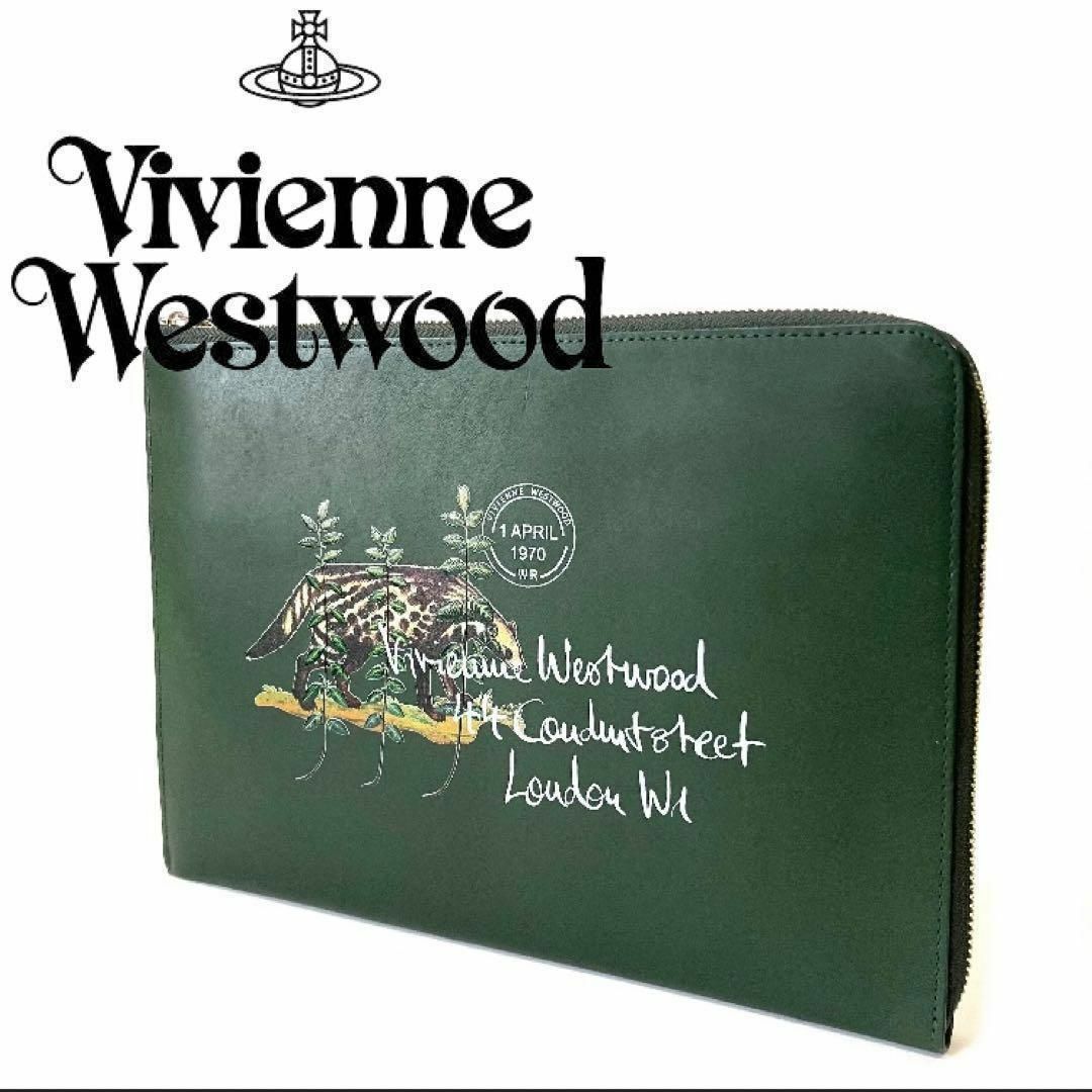 Vivienne Westwood(ヴィヴィアンウエストウッド)のヴィヴィアンウエストウッド✨マルチケース✨グリーン✨iPad✨たぬき✨スカンク✨ メンズのバッグ(セカンドバッグ/クラッチバッグ)の商品写真